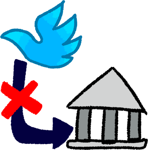 a dark blue arrow leading from the human rights logo, a blue bird that looks like a human hand, to a grey government building. On top of the arrow is a red X. 